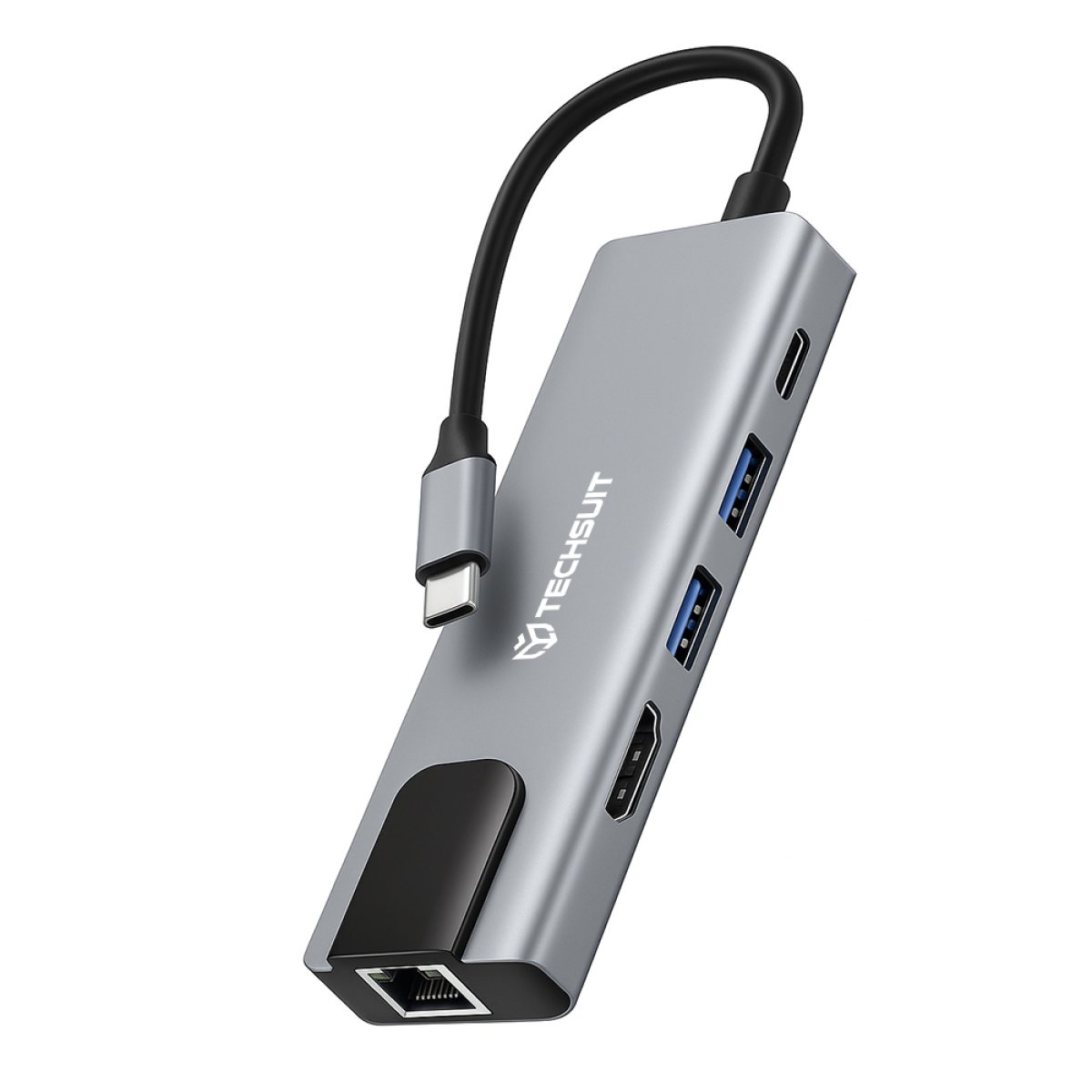 Hub Multiport, Type-C to 2x USB, 1x Type-C, 1x HDMI, 1x RJ45 - Techsuit NetBridge 5 in 1 (H1) - Gray