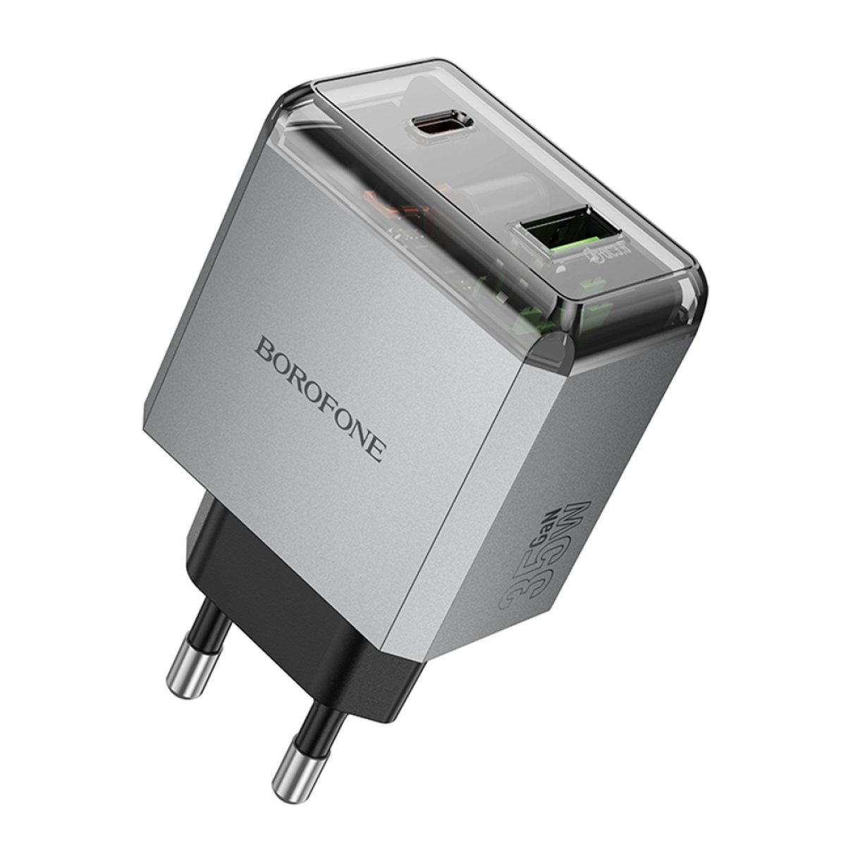 Incarcator pentru Priza, Type-C + UBS-A, PD35W, QC3.0, 5V/3A - Borofone Lena (BN20) - Metal Gray