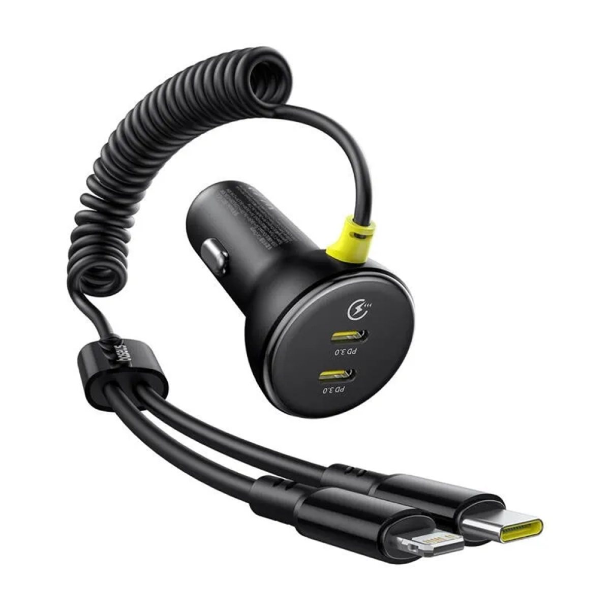 Incarcator Auto cu Cablu USB la Type-C, Lightning, Fast Charging, 60W, 5V/3A, 1.4m - Baseus (C00035902121-00) - Black