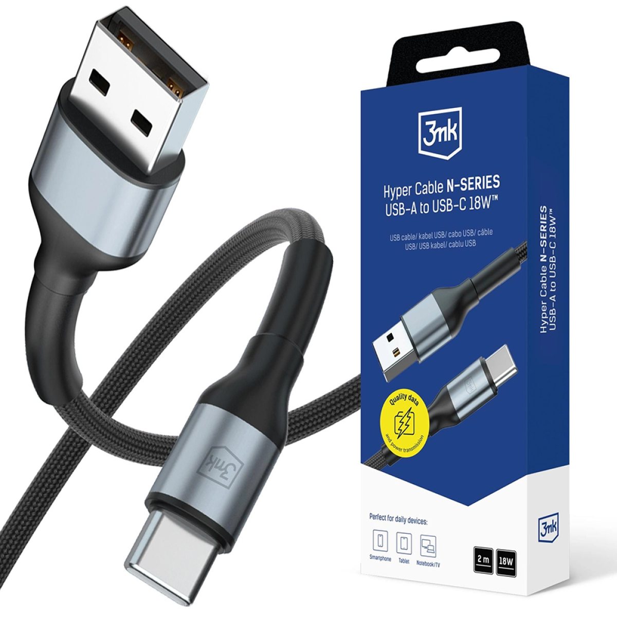 Cablu Alimentare, USB, USB-C, 18W, 2m - 3mk Hyper N-Series - Black