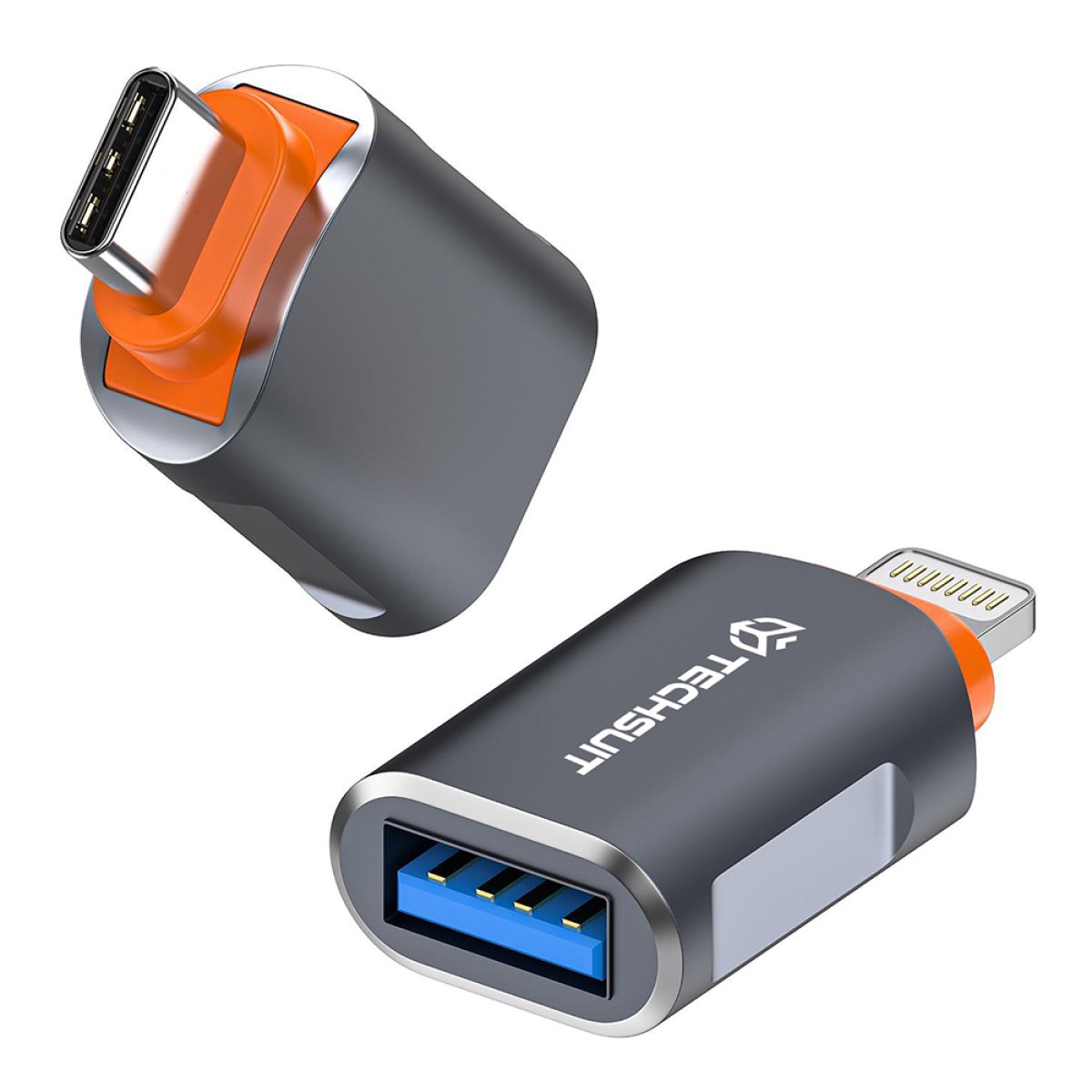 Adaptor USB la Type-C, 5Gbps, 6A, Aluminiu - Techsuit SlateVolt (A9) - Gray / Orange