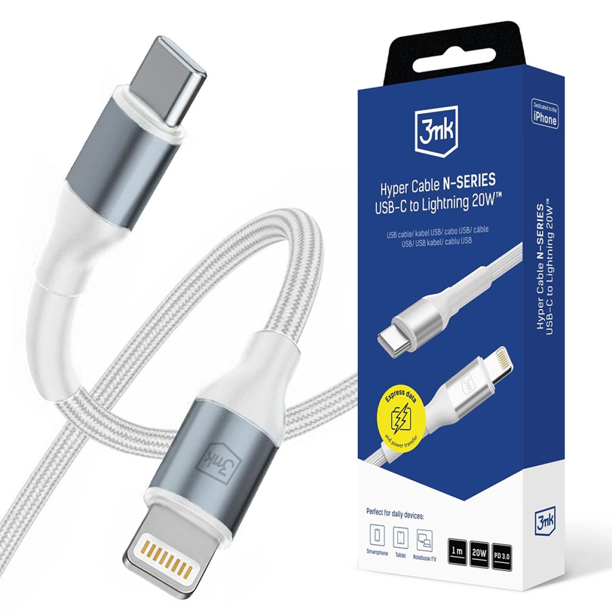 Cablu Alimentare, USB-C, Lightning, 20W, 1m - 3mk Hyper N-Series - White