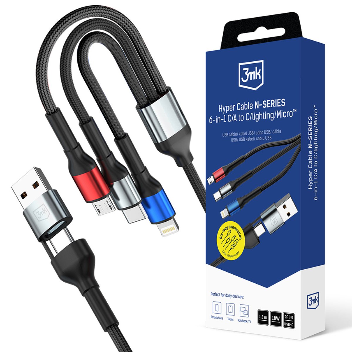 Cablu Alimentare 6in1, 18W, 1.2m - 3mk Hyper N-Series - Black
