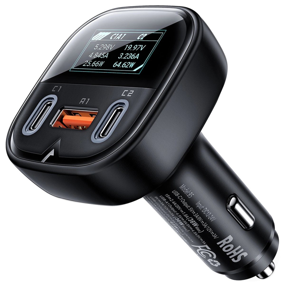 Incarcator pentru Masina, 2x Type-C, USB, 101W, Display Digital, Fast Charging - Acefast (B5) - Black