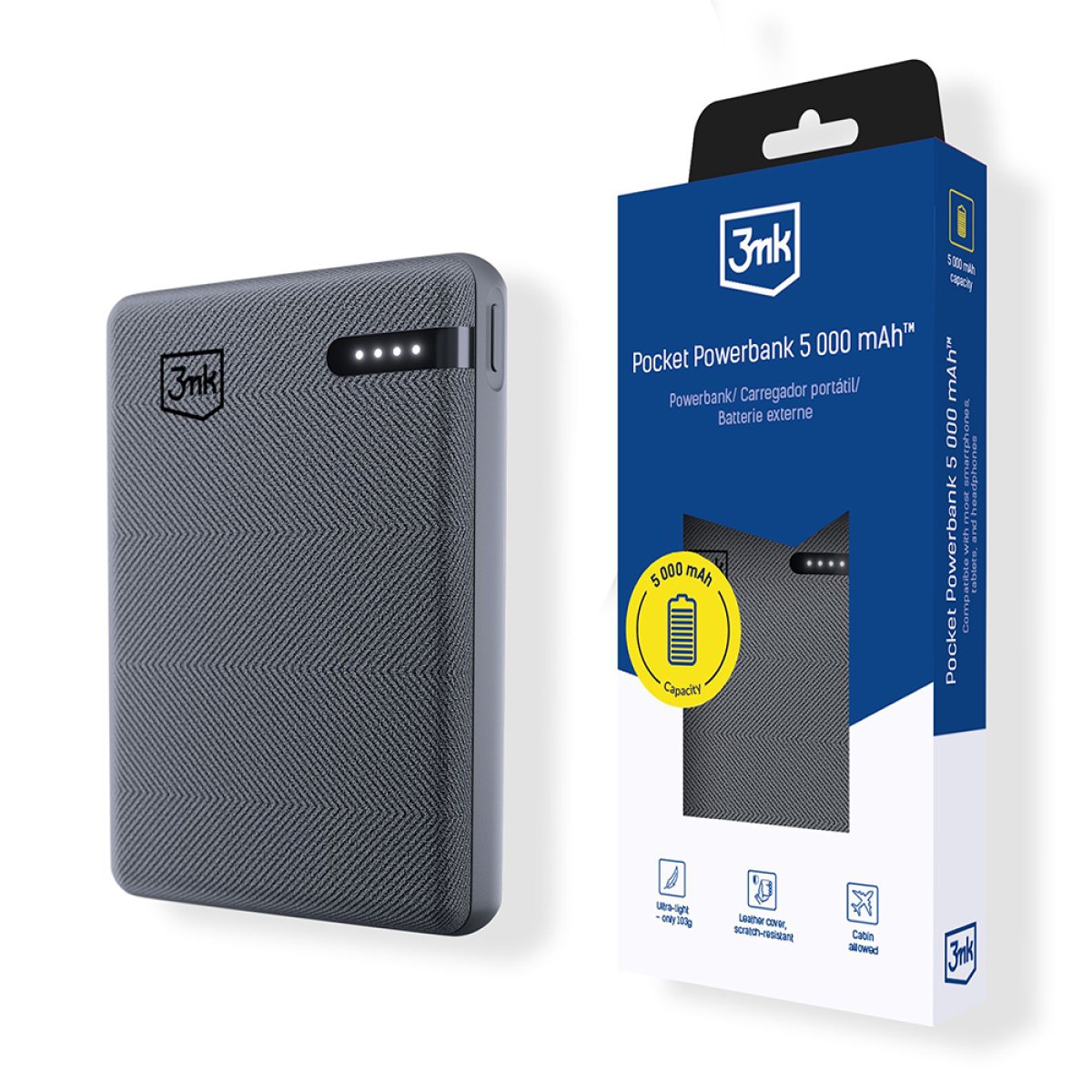 Baterie Externa, Type-C, 5000mAh, 2.4A MAX, 12W, ABS, Piele Ecologica - 3mk Pocket Power Bank - Black