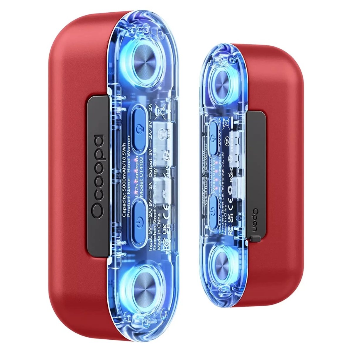 Hand Warmer Reincarcabil cu Baterie Externa, Lumini LED, Type-C, Magnetic, 18W, 2x5000mAh - Ocoopa UT2s GamerPro (UT4103-RD) - Red