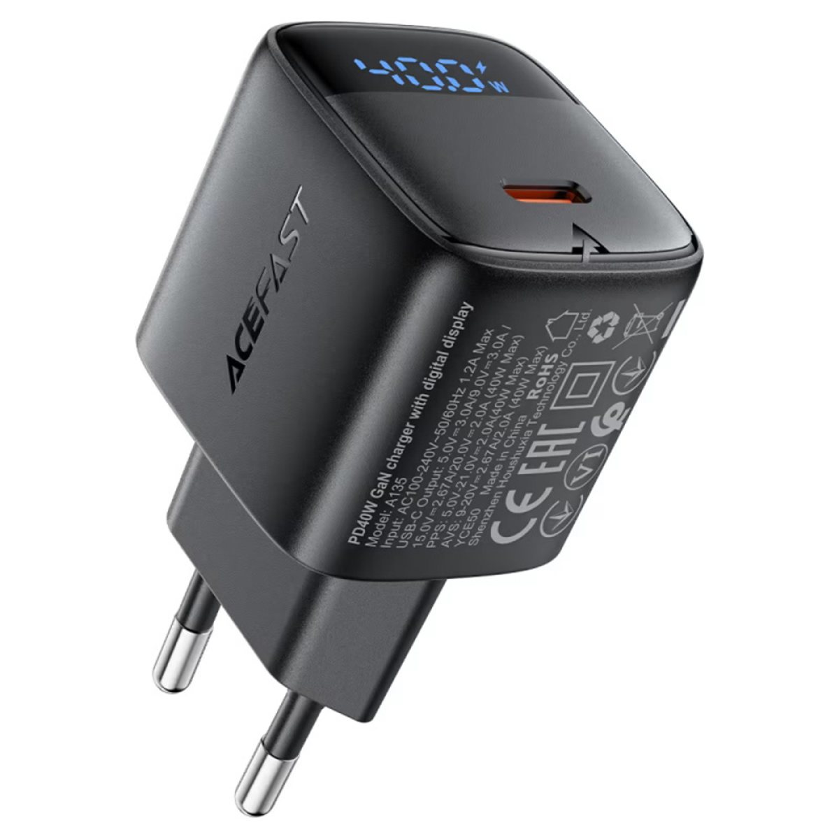 Alimentator pentru Priza, 1xUSB-C, GaN, 45W, LED - Acefast (A135) - Black