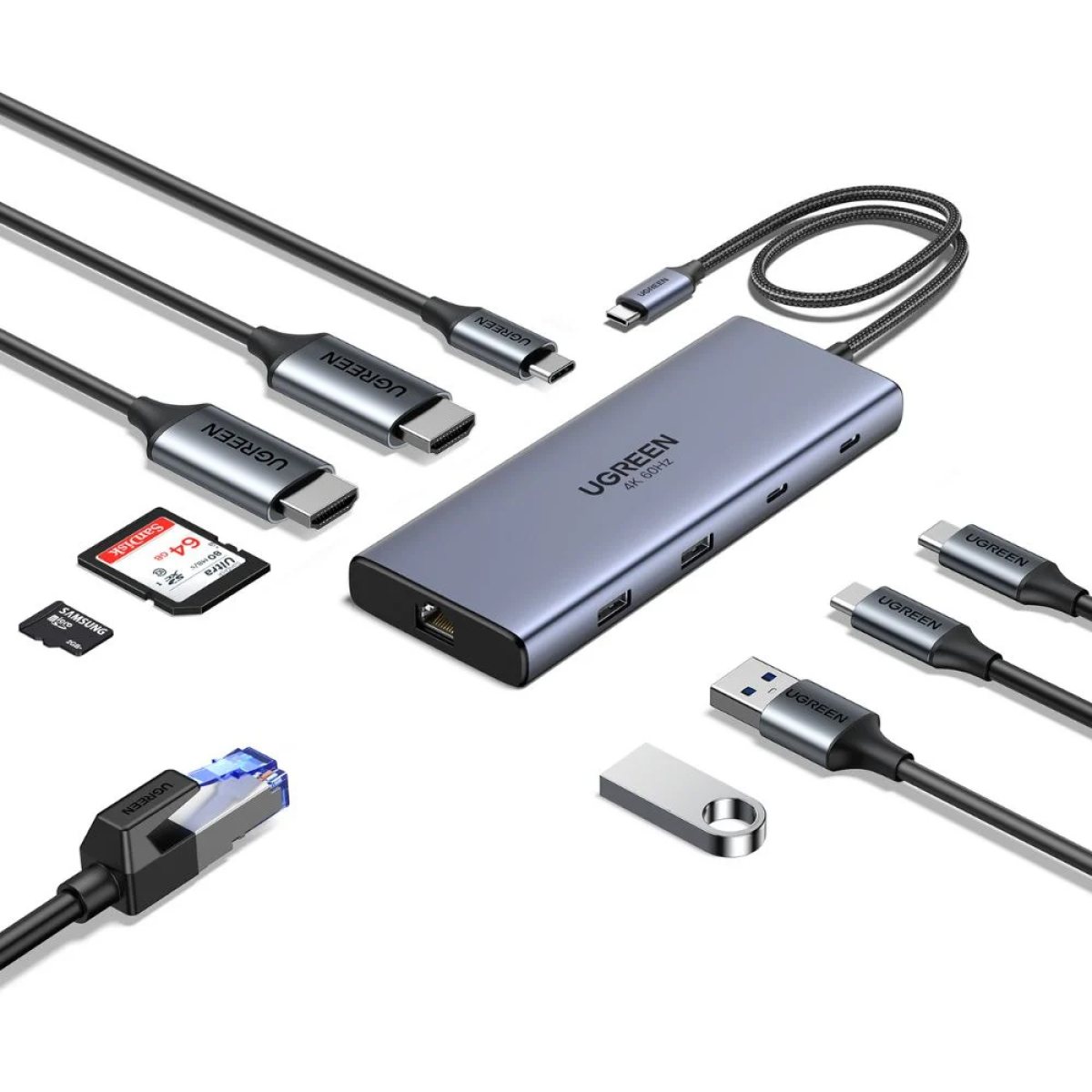 Hub USB-C la 3x Type-C, 2x USB-A, 2x HDMI, RJ45, TF, SD Card, PD100W, 1000Mbps - Ugreen (45380) - Gray