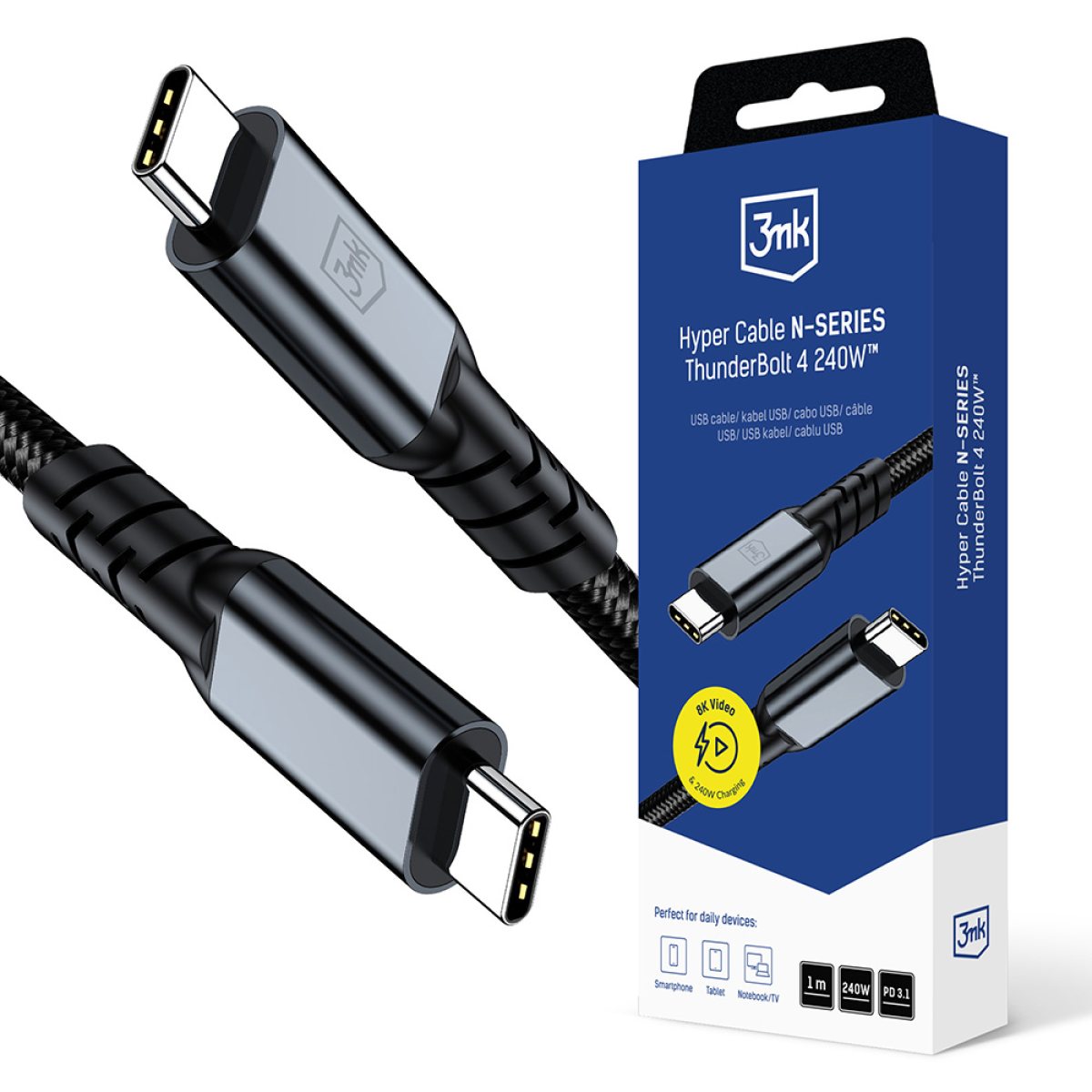 Cablu Alimentare, Thunderbolt 4, 40Gb/s, 240W, 1m - 3mk Hyper N-Series - Black