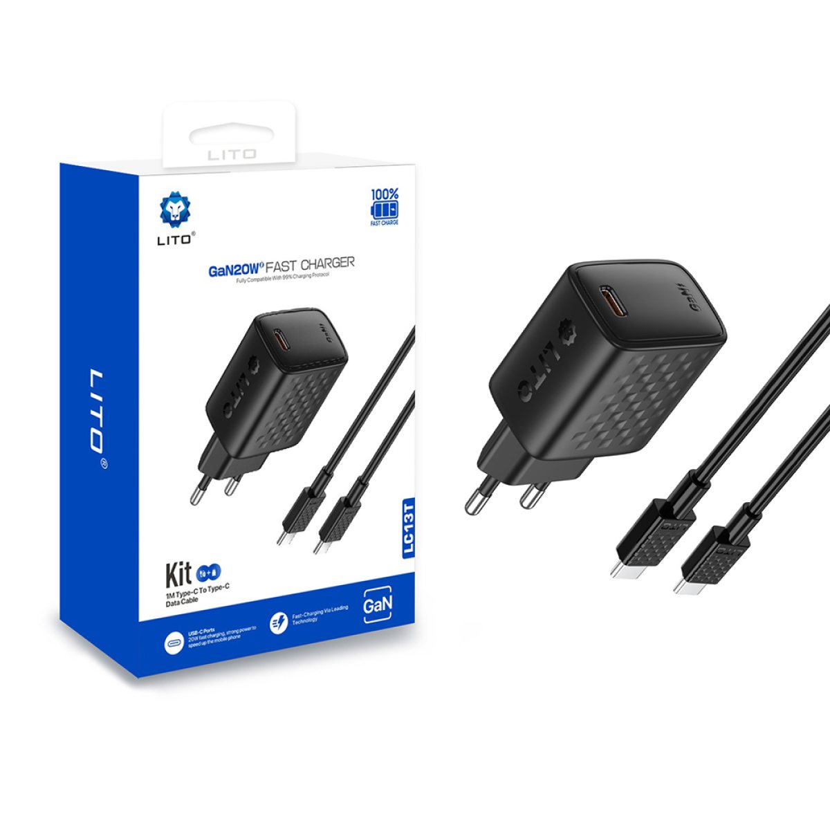 Incarcator pentru Priza, USB-C, 20W, Cablu USB-C Inclus - Lito (LC13T) - Black