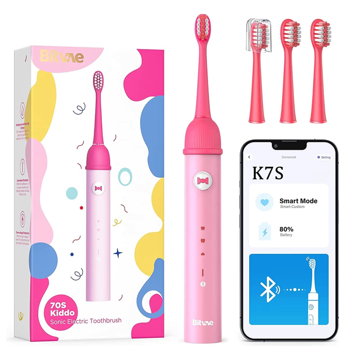 Periuta Sonica pentru Copii, cu 3 Capete de Rezerva, 3 Moduri, Aplicatie - Bitvae (BVK7S) - Pink