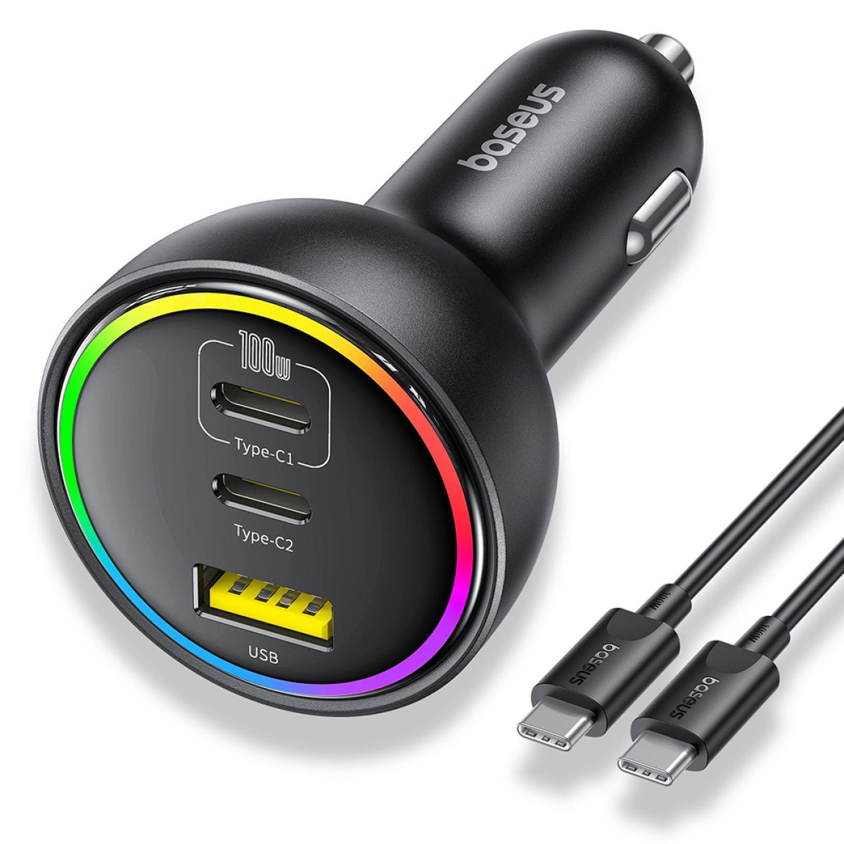 Incarcator Auto cu Lumini RGB, 2x Type-C, USB, 152.5W, Fast Charging - Baseus (C00036101111-00) - Cluster Black