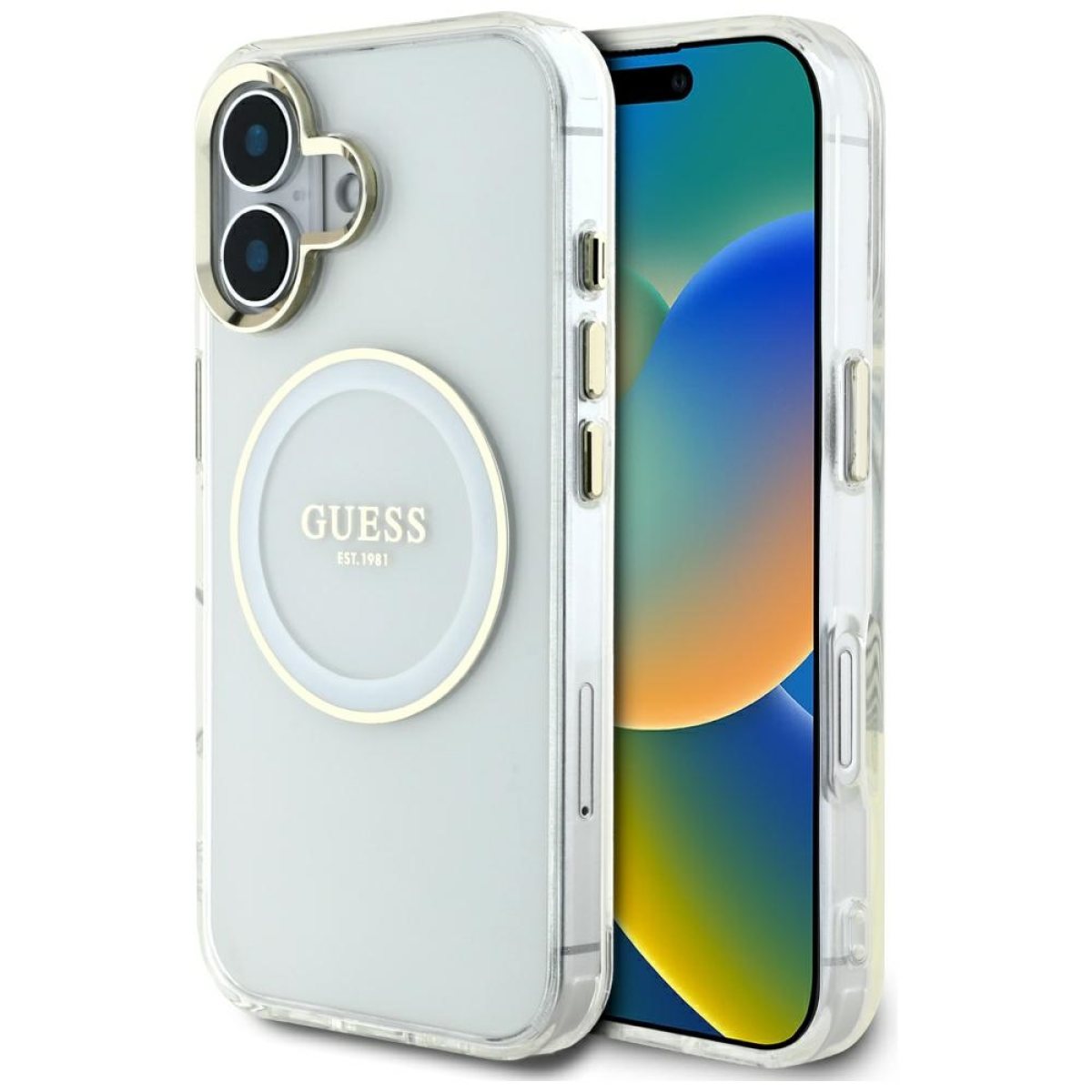 Husa pentru iPhone 16 - Guess IML Metal Colored Circle MagSafe (GUHMP16SHTDRCEDH) - White