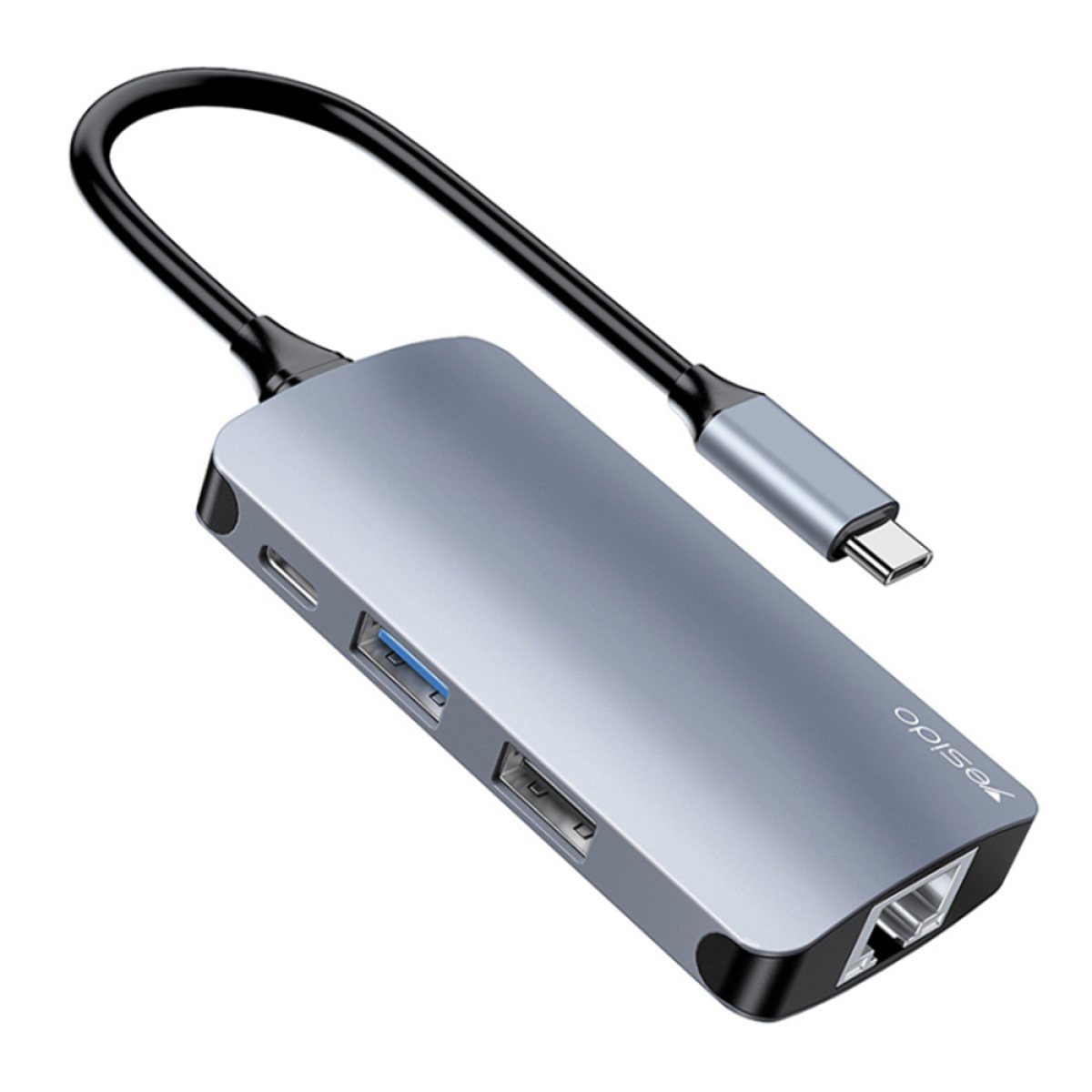 Hub Multiport, Type-C la 2x USB, USB-C, SD/TF Card, RJ45, 1000Mbps, Plug & Play - Yesido (HB15) - Gray