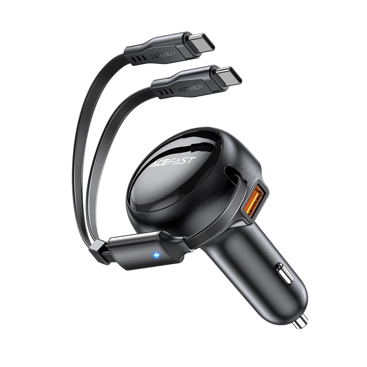 Incarcator pentru Masina USB, 2x Type-C, 53W, 70 + 15cm, Cablu Retractabil - Acefast (B13) - Black