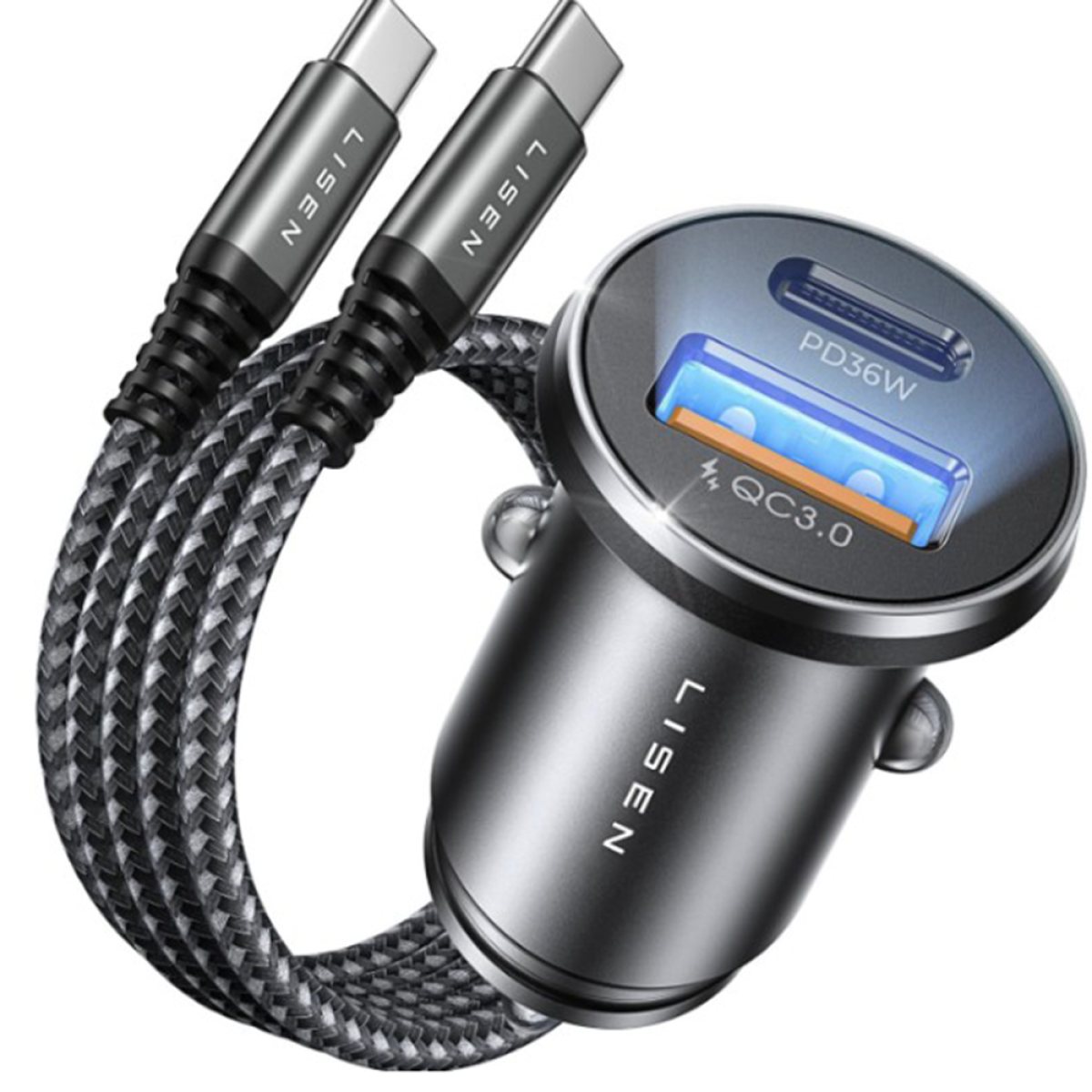 Incarcator pentru Masina, USB, USB-C, Cablu Inclus - Lisen (YL0223080047) - Black / Navy Blue