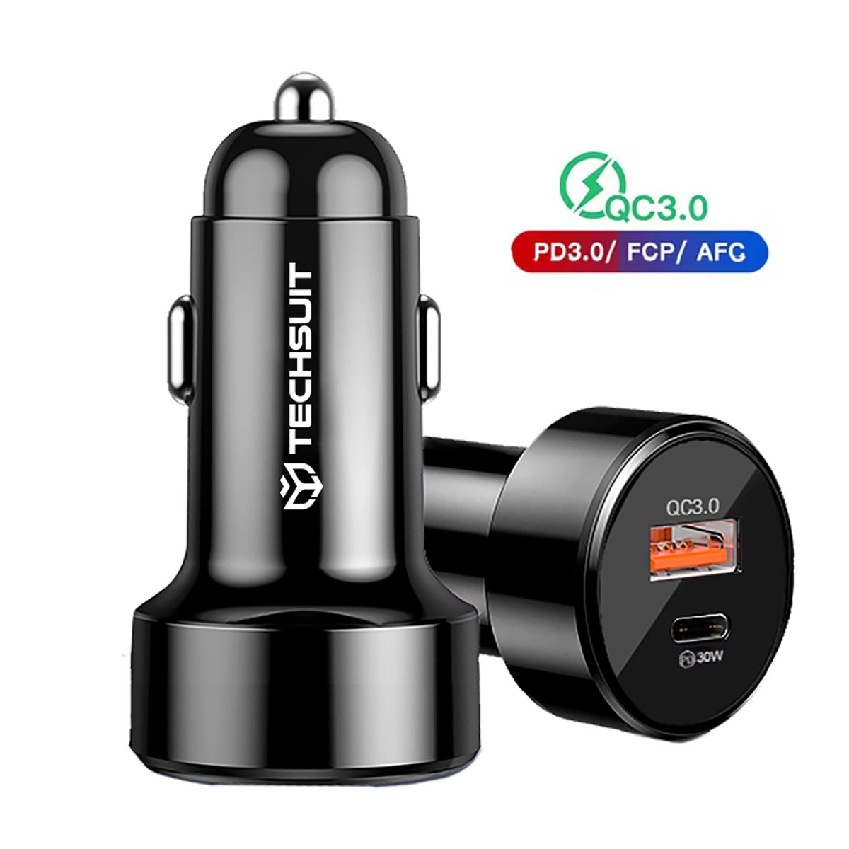 Incarcator Auto USB-A QC 3.0 18W, Type-C PD30W - Techsuit Premium (TE-P31) - Black