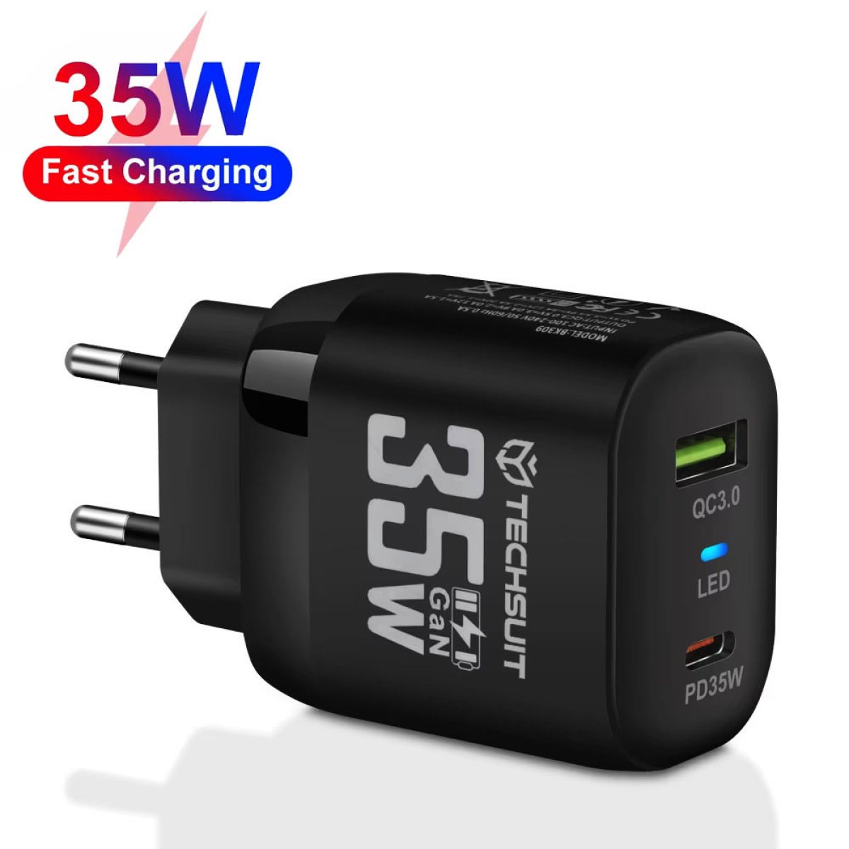 Incarcator Priza GaN, USB, Type-C, 35W - Techsuit (CHPD174) -  Black