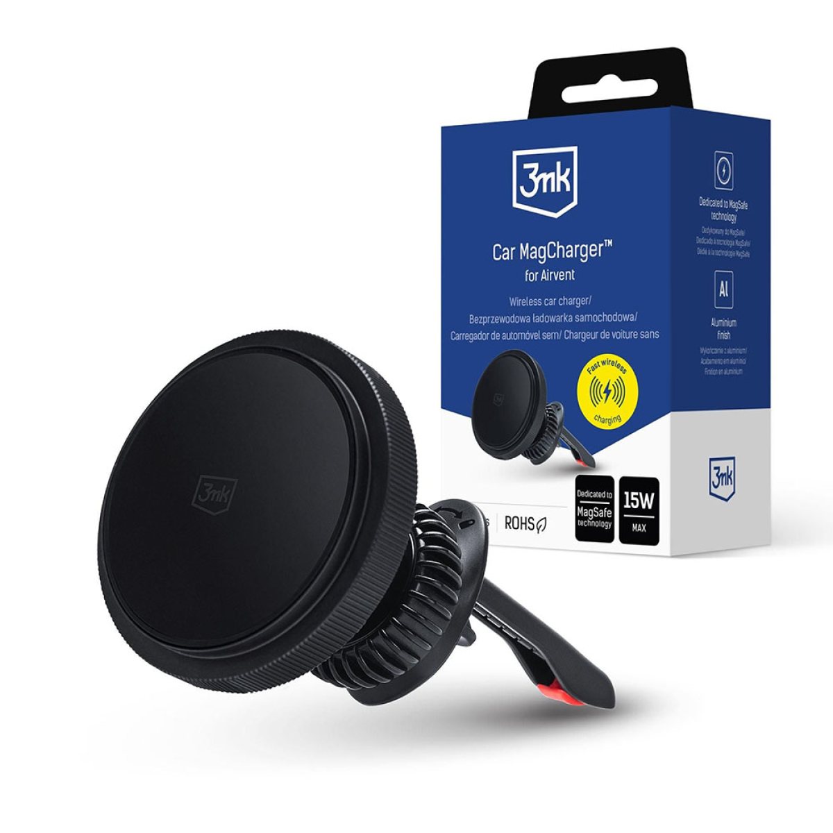 Suport pentru Masina cu Incarcare Wireless, Grila de Ventilatie, MagSafe/Qi, 15W - 3mk MagCharger - Black