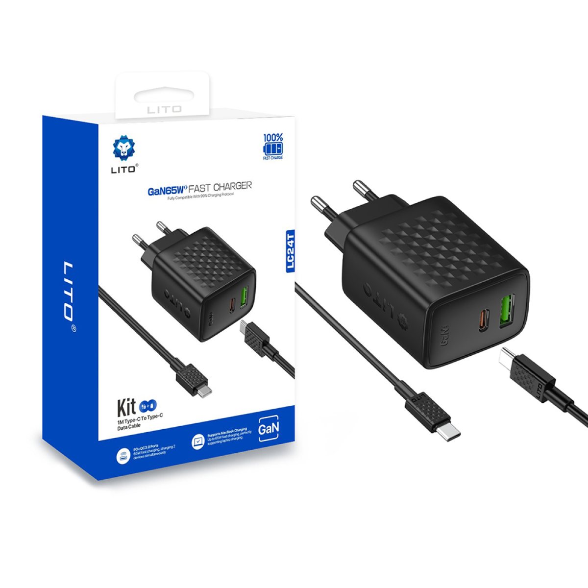 Incarcator pentru Priza, USB, USB-C, 65W, Cablu USB-C Inclus - Lito (LC24T) - Black