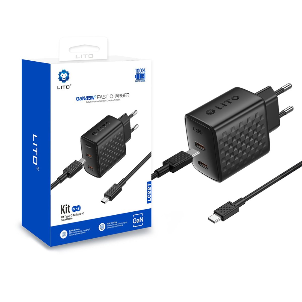 Incarcator pentru Priza, 2x USB-C, 45W, Cablu USB-C Inclus - Lito (LC22T) - Black