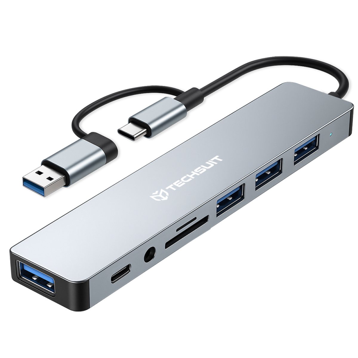Hub Multiport, USB, Type-C to 4x USB, Type-C, 3.5mm Jack, TF/SD Card - Techsuit DataBridge 8 in 1 (H9) - Gray