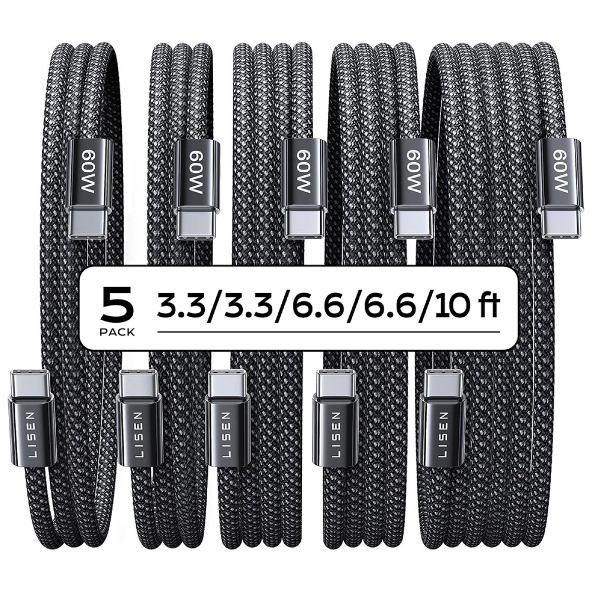 Cablu USB-C la USB-C, 60W, 1m/1m/2m/2m/3m (set 5) - Lisen (YL0123070010) - Black