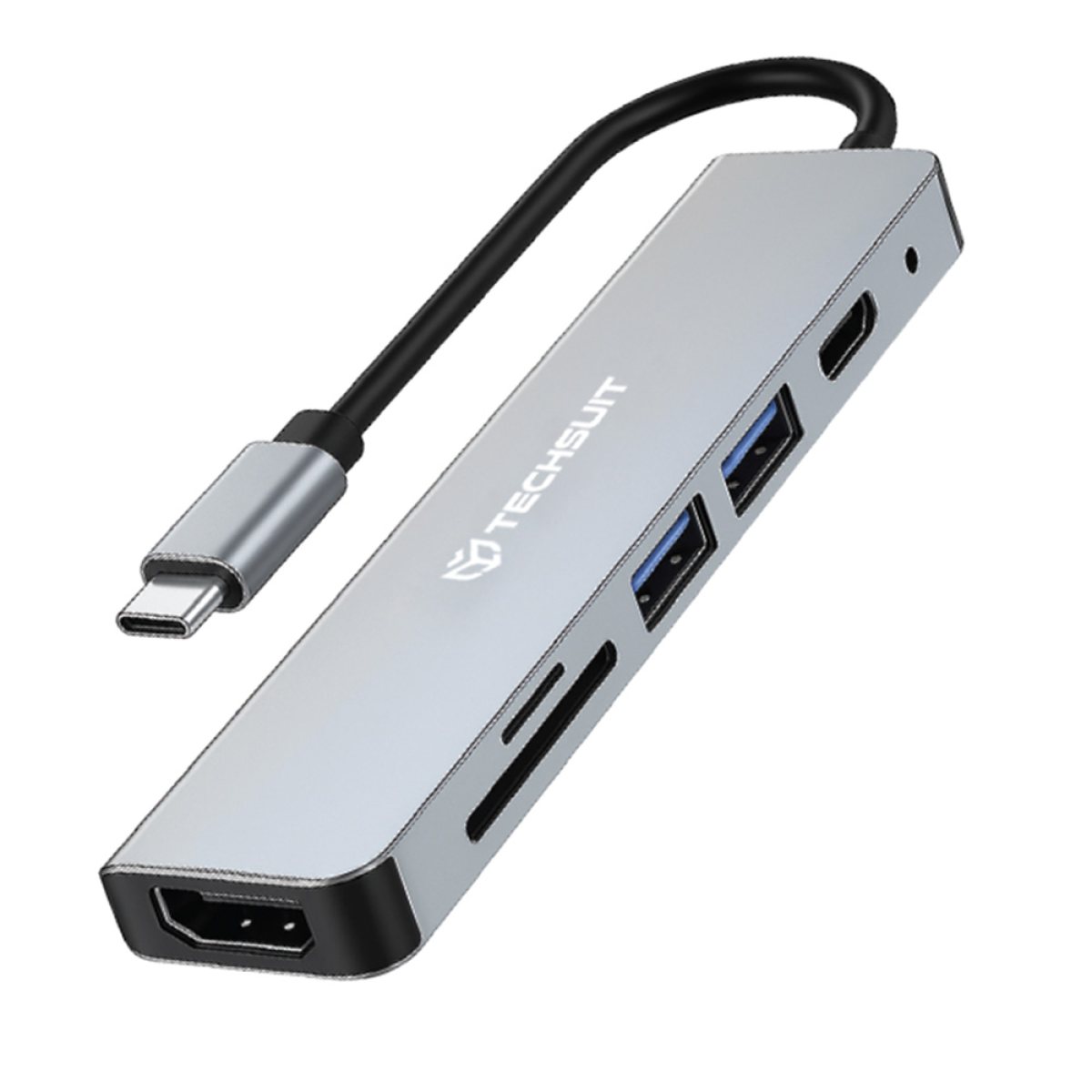 Hub Multiport, Type-C la 2x USB, Type-C, HDMI, TF/SD Card, PD87W, 4K@30Hz - Techsuit TurboChargeX 6 in 1 (H5) - Gray