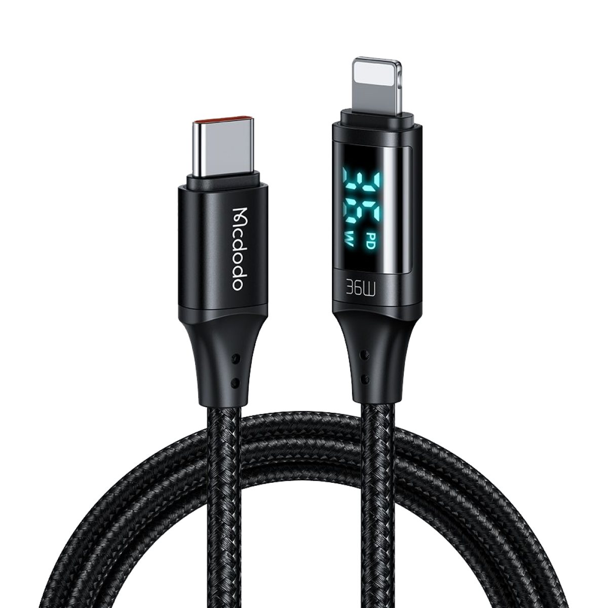 Cablu, USB-C la Lightning, 36W cu Display Digital Aluminiu, Nailon Impletit. 1.2m - Mcdodo (CA-1030) - Black