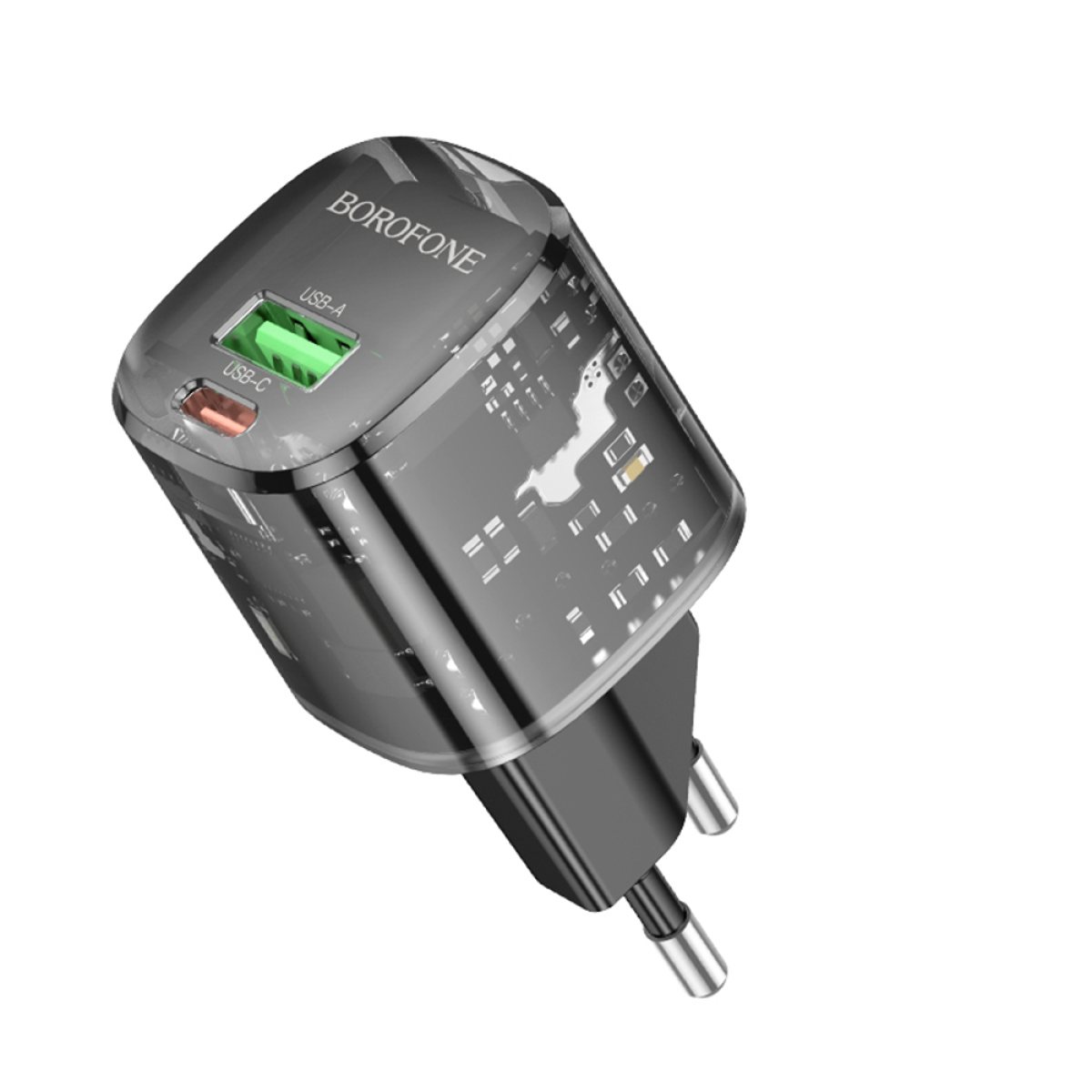 Incarcator pentru Priza, USB-C + USB-A, 5V/3A, PD20W, QC3.0 - Borofone Sunlight (BN17) - Transparent/Black
