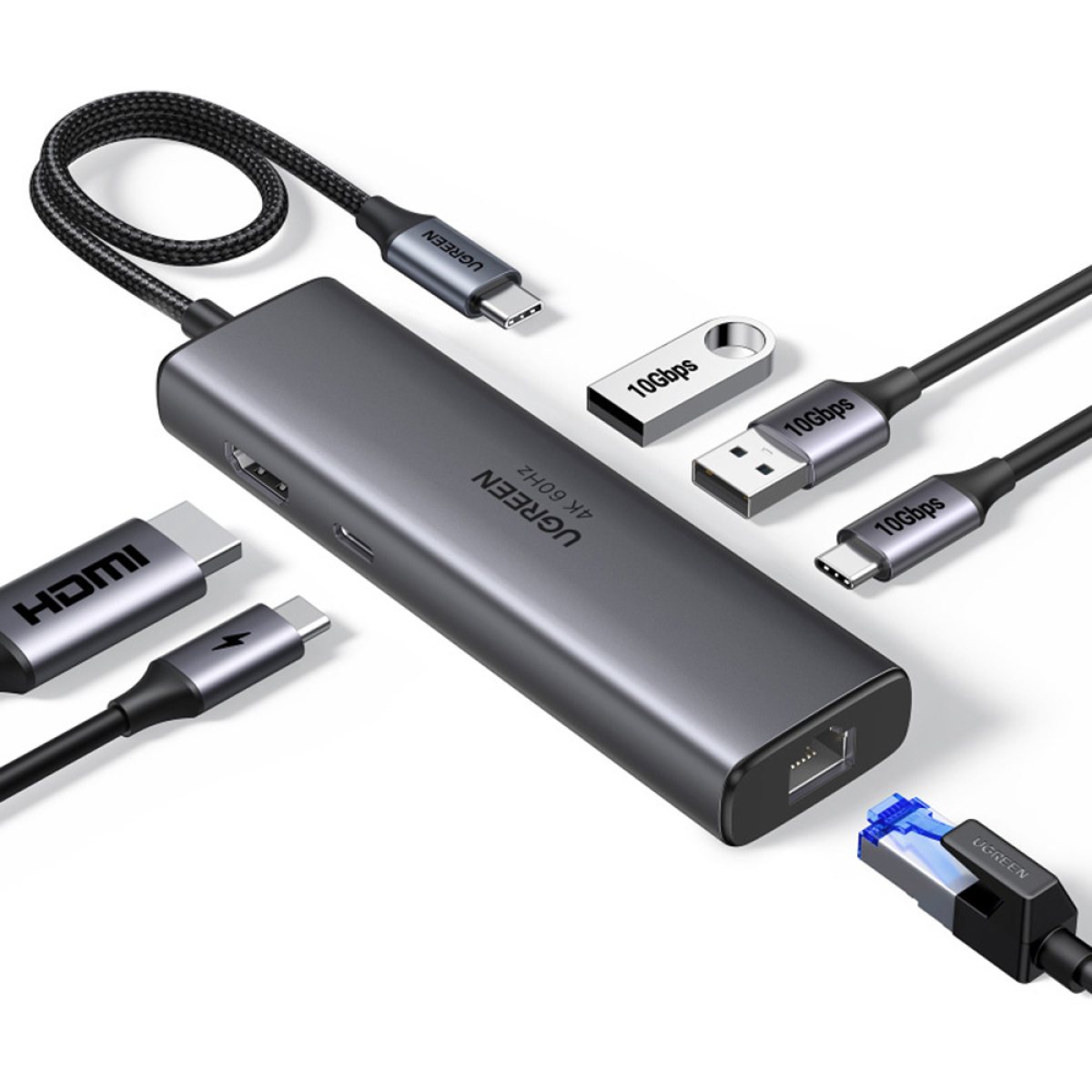 Hub Type-C la 2x USB3.2, 2x Type-C, HDMI, RJ45, PD100W, 10Gbps, 1000Mbps  - Ugreen (45000) - Gray