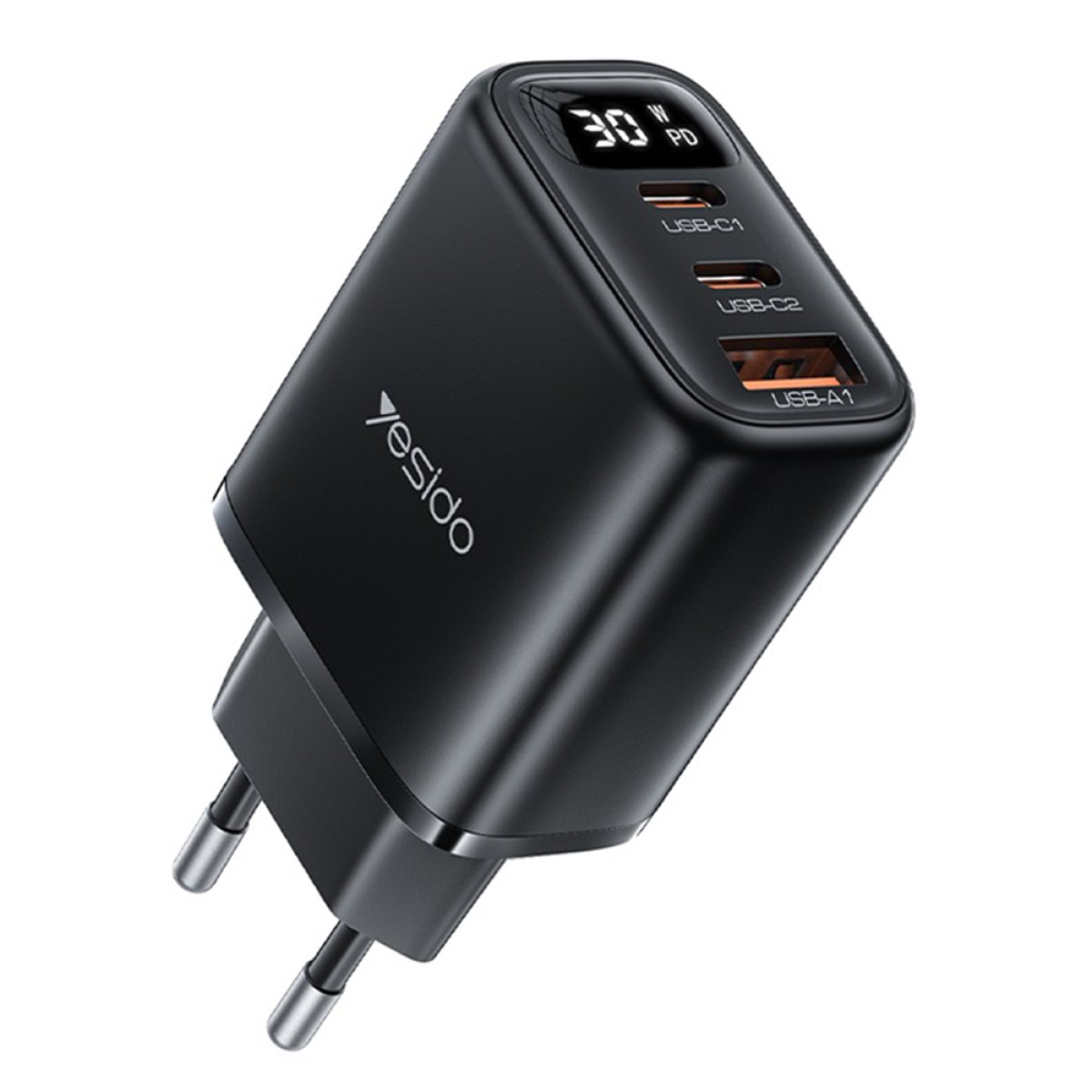 Incarcator Retea 3 in 1 cu Display Digital, USB, 2x Type-C, 30W - Yesido (YC69) - Black