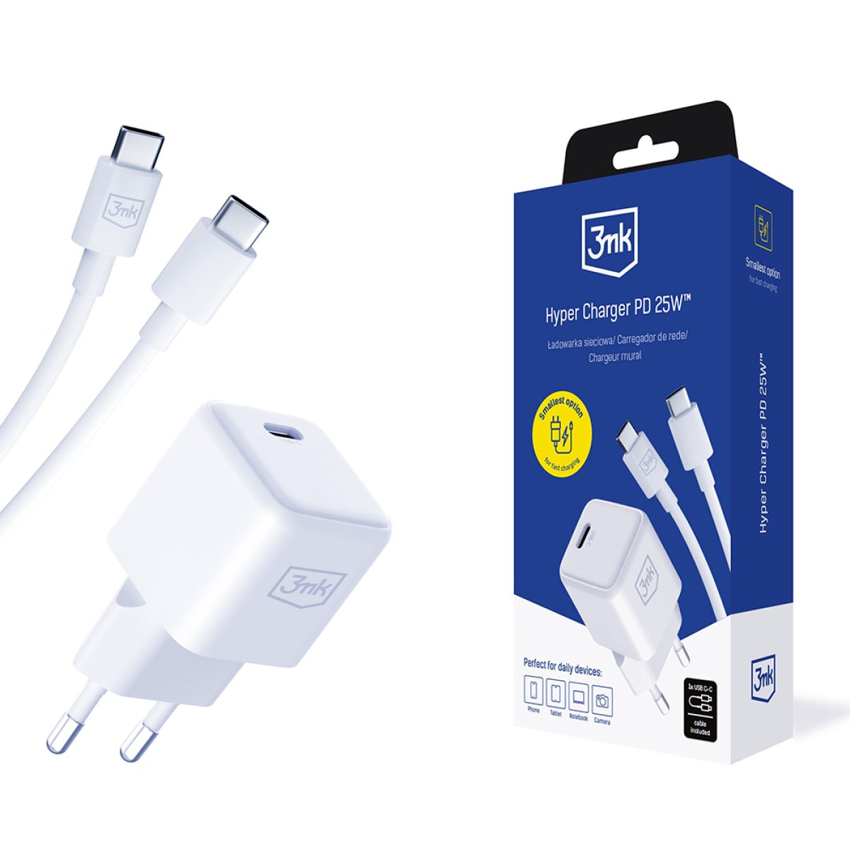 Incarcator Type-C, PD25W, GaN + Cablu Type-C la Type-C - 3mk Hyper - White