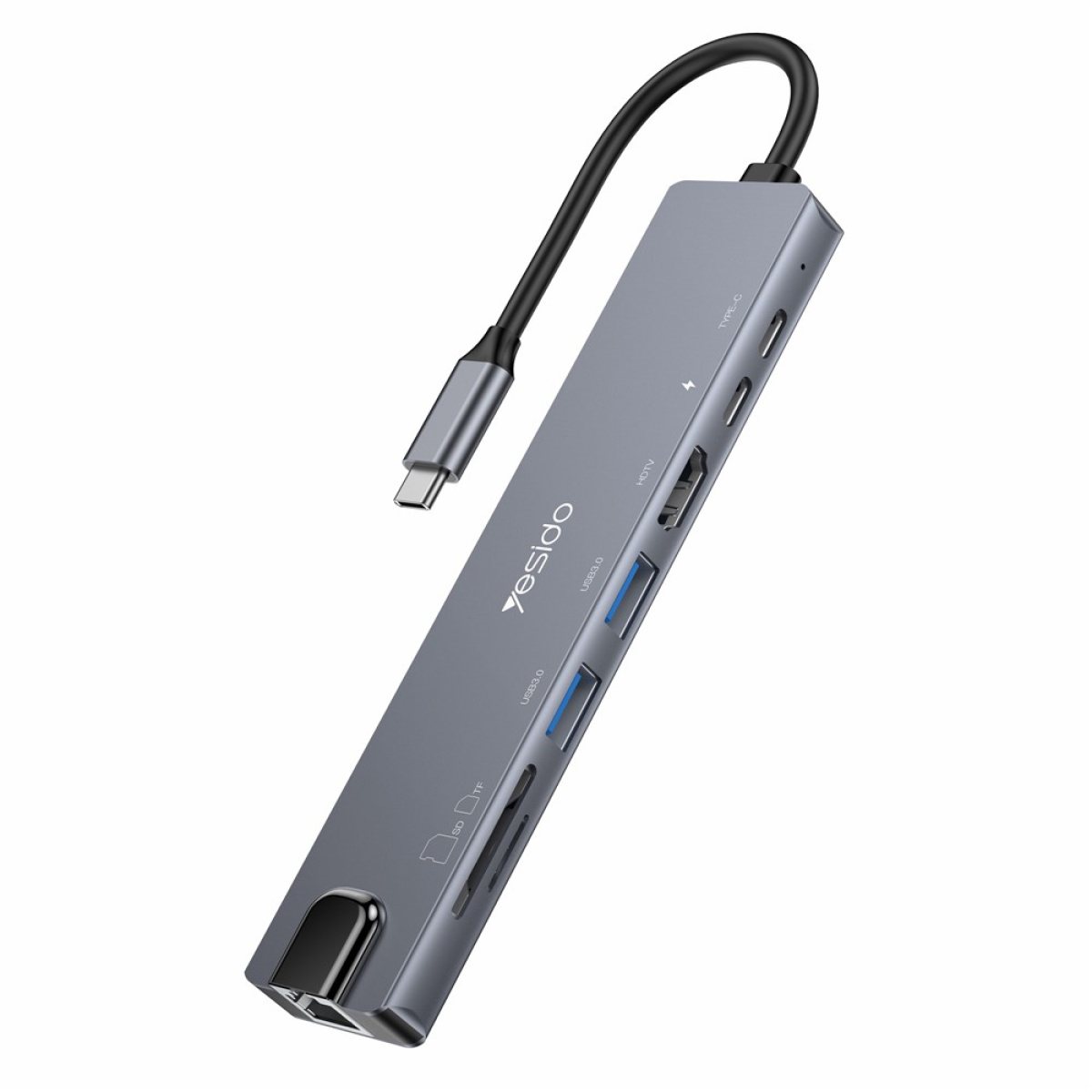 Hub Multiport, Type-C la 2x USB, 2x USB-C, HDMI, RJ45, TF/SD, PD100W 4K@30Hz - Yesido (HB27) - Gray