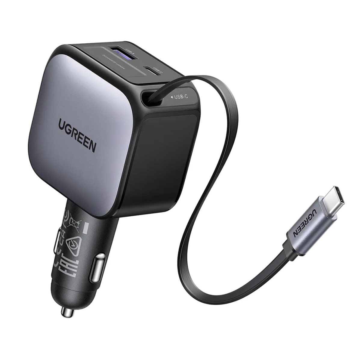 Incarcator pentru Masina, Cablu Retractabil USB, 2x Type-C, 60W - Ugreen EC602 (55212B) - Gray