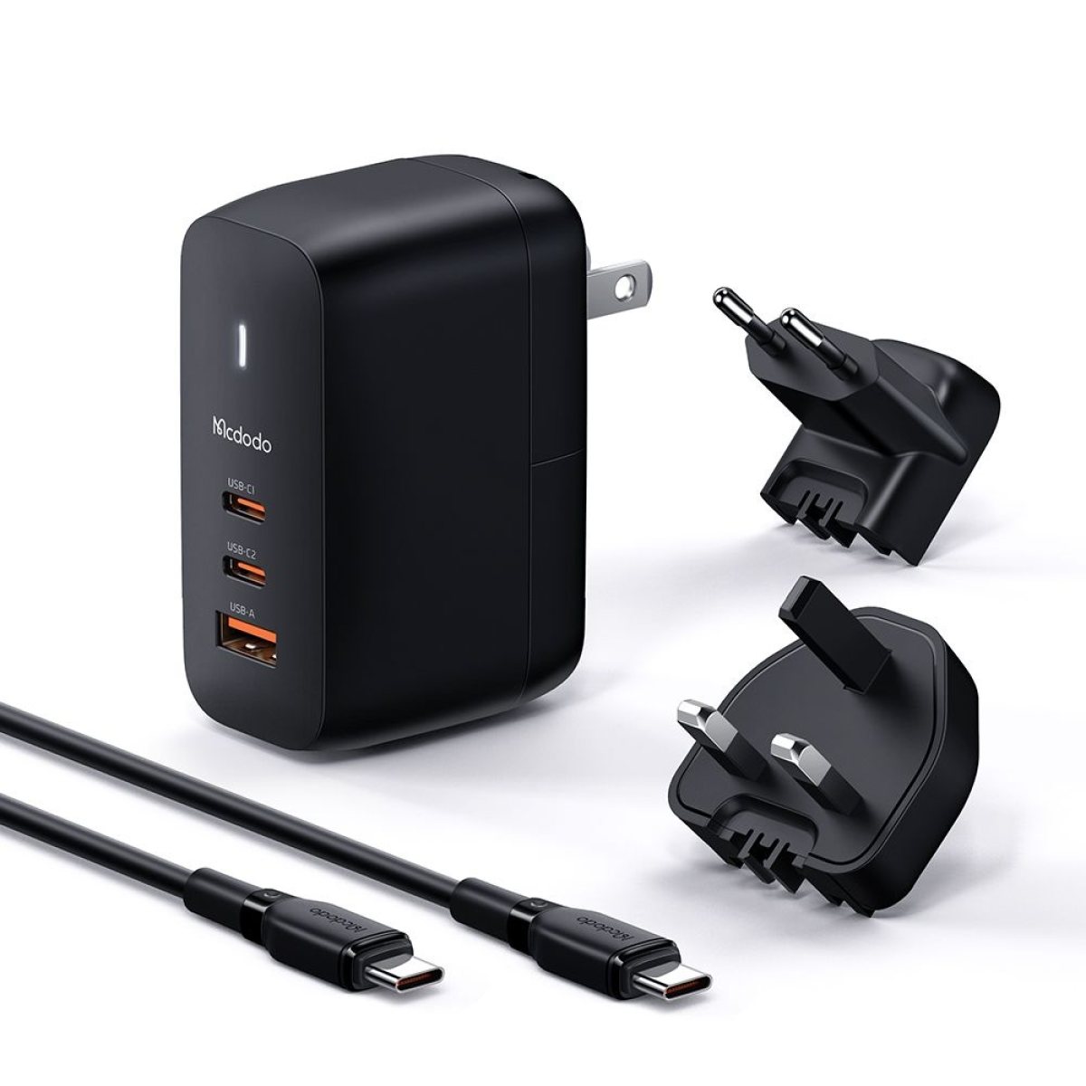Adaptor, UK/US/EU Plugs, 65W, 2x Type-C, USB-A + Cablu Type-C - Mcdodo Mecha Series (CH-8442) - Black