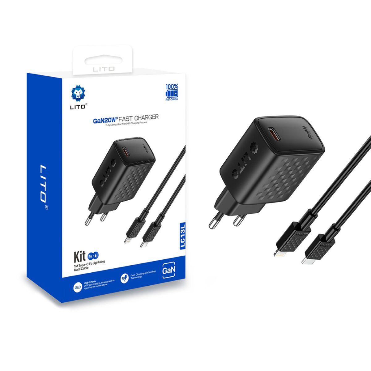 Incarcator pentru Priza, USB-C, 20W, Cablu Lightning Inclus - Lito (LC13L) - Black