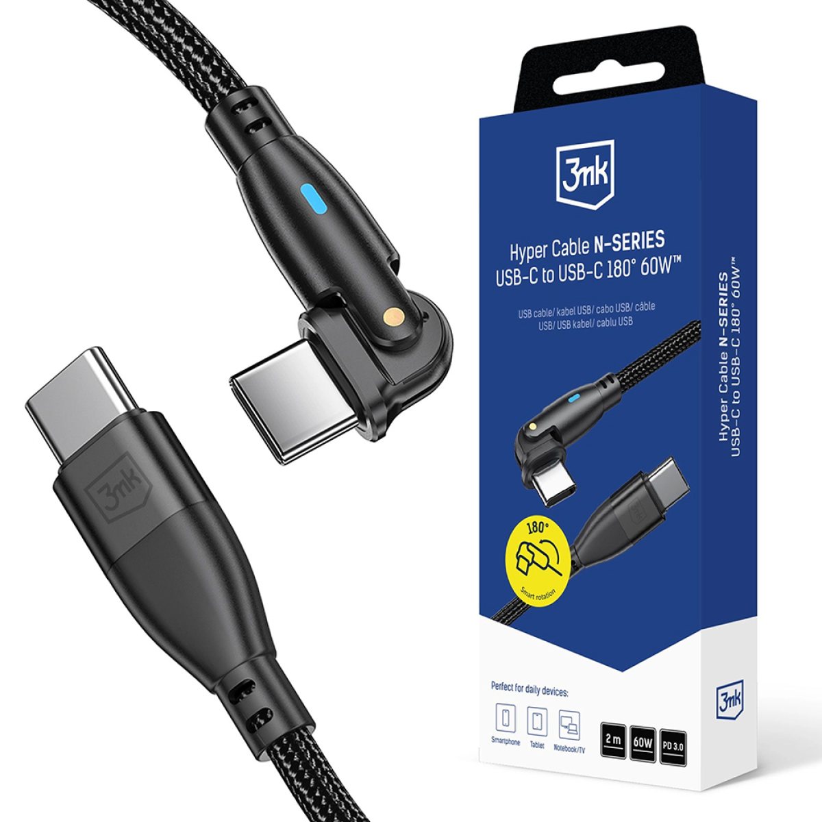 Cablu Alimentare Fast, USB-C, 180°, 60W, 2m - 3mk Hyper N-Series - Black