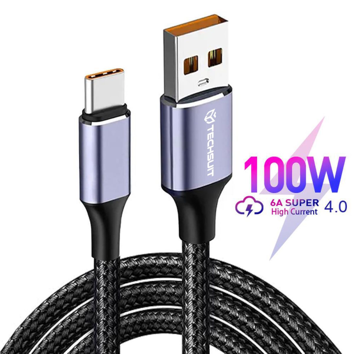 Cablu de date USB to Type-C, Super Fast Charging, 100W, 480Mbps, 6A - Techsuit (PCB018) - Black