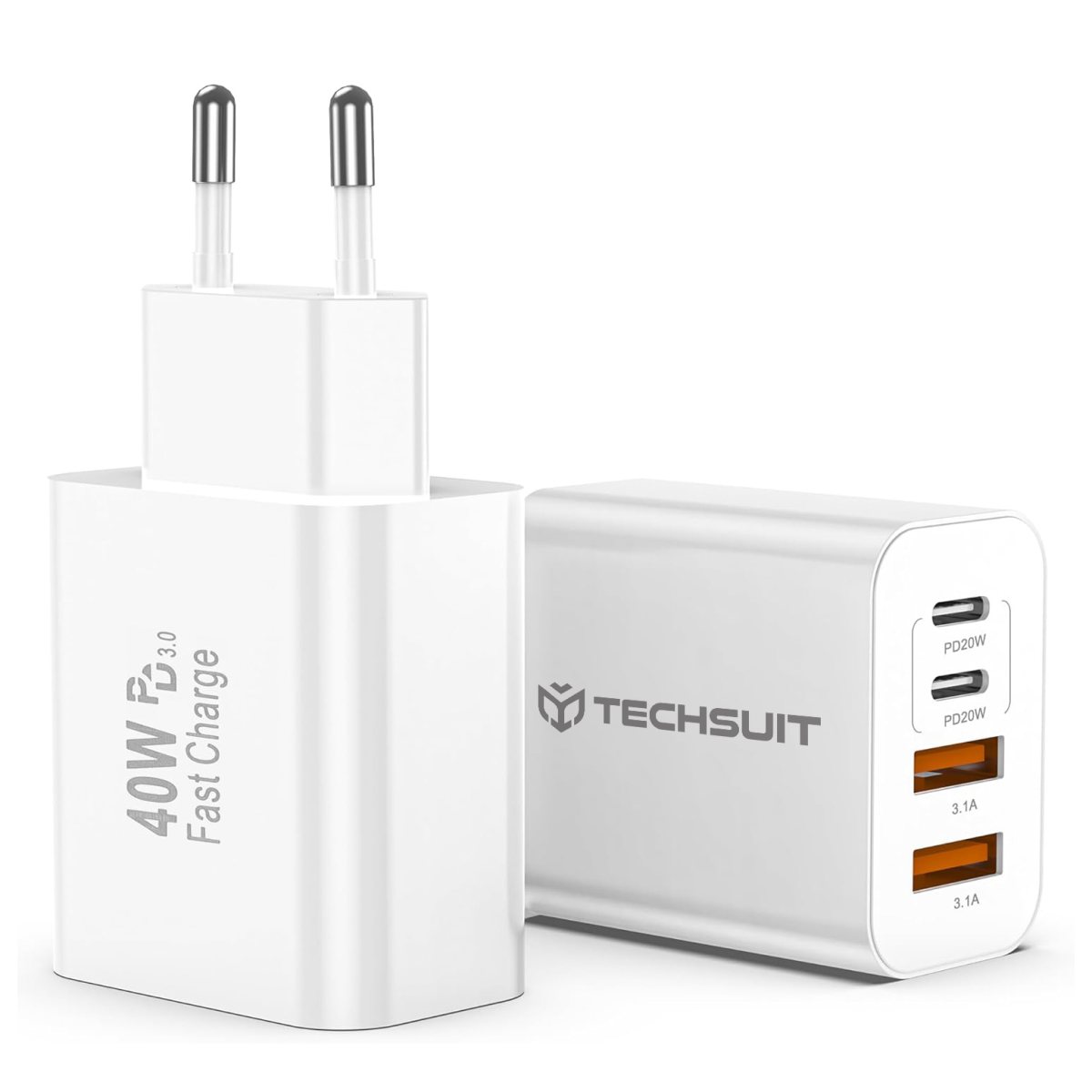 Alimentator pentru Priza, 2 x USB, 2 x Type-C Dual Travel Charger, 40W - Techsuit PowerXQuad (CH4) - White