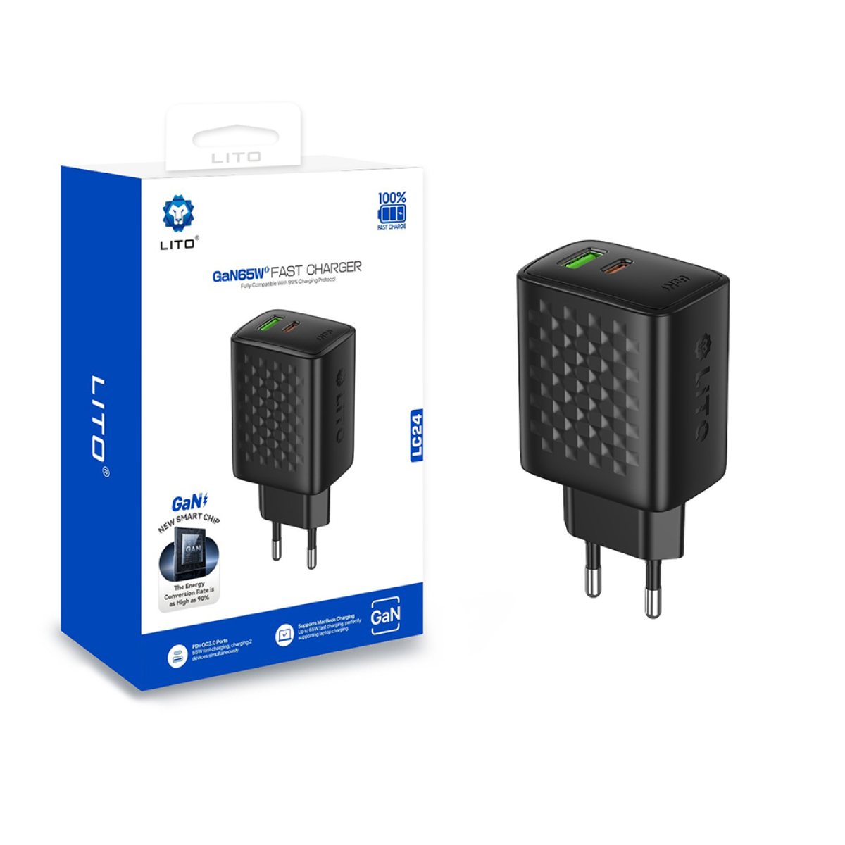 Incarcator pentru Priza, USB, USB-C, 65W - Lito (LC24) - Black