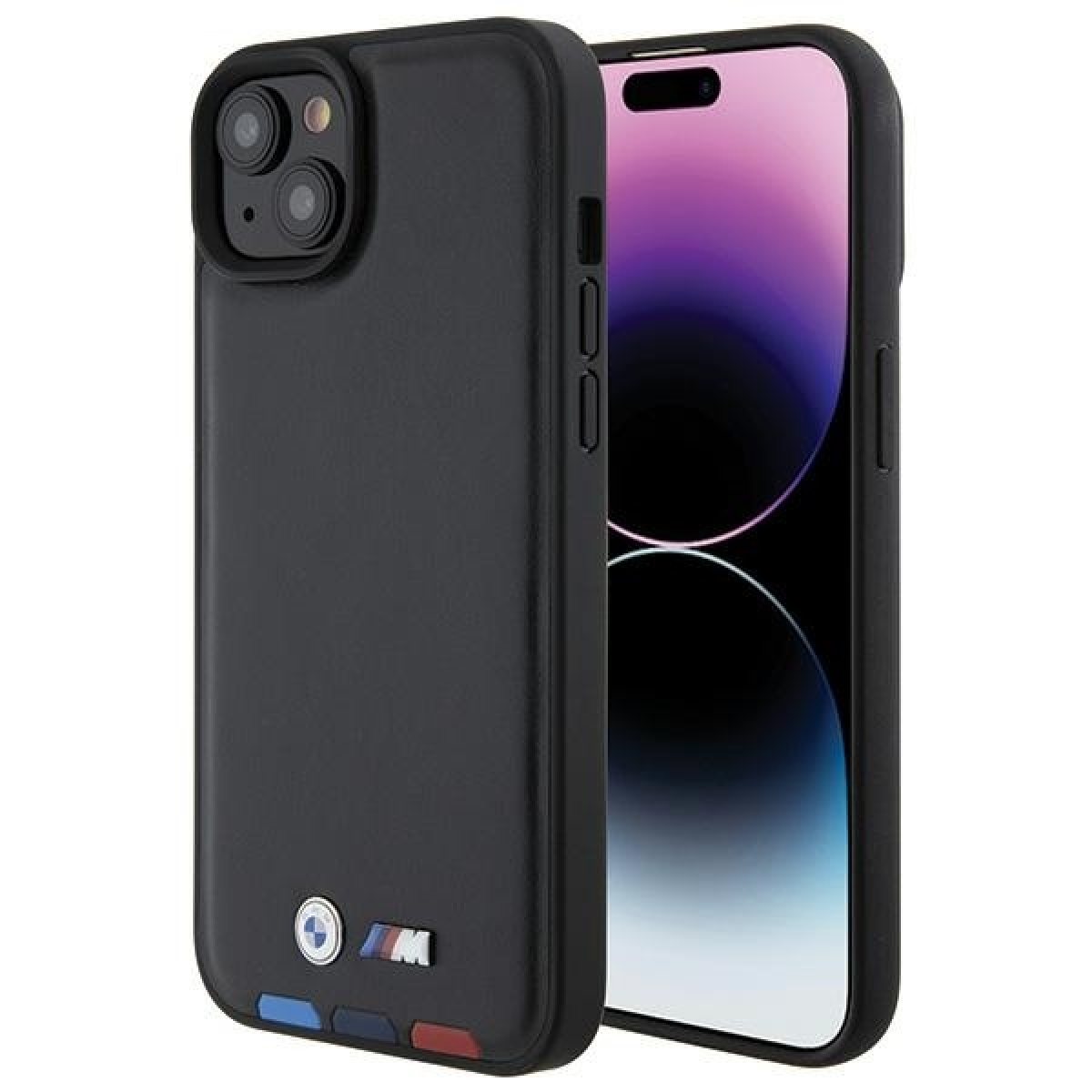 Husa pentru iPhone 15 Plus - BMW Leather Stamp Tricolor  - Black