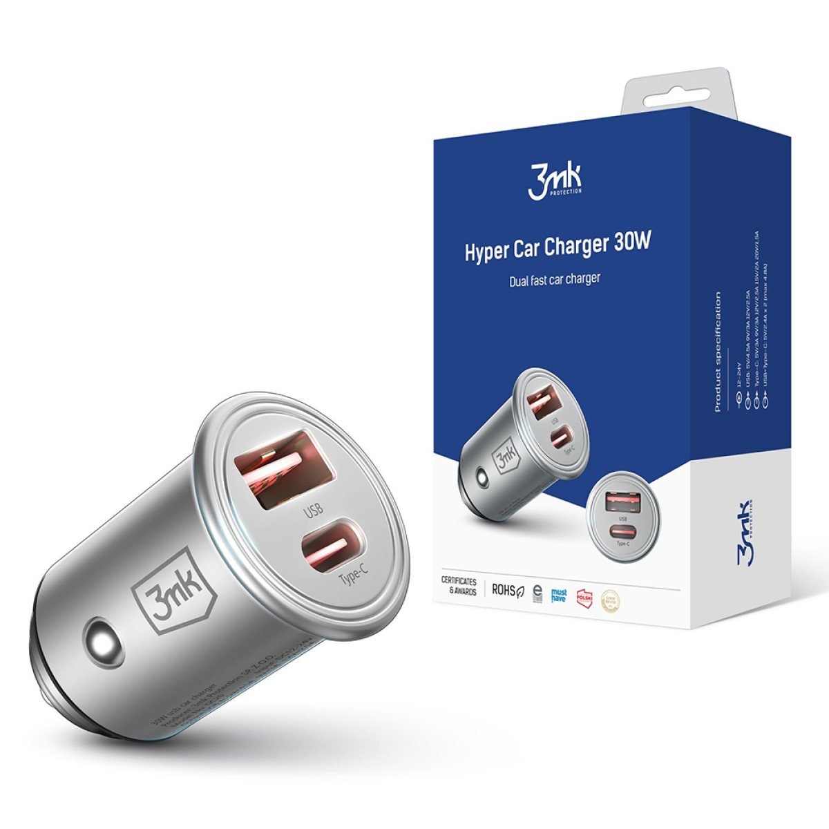 Incarcator pentru Masina, USB-A, Type-C, 30W, Aluminiu - 3mk Hyper - Silver