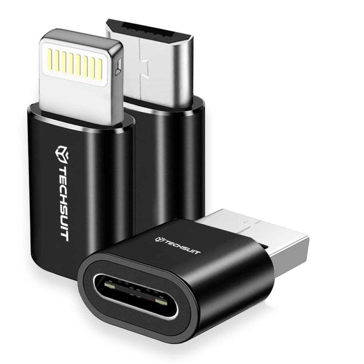 Adaptoare Type-C la 1x USB, 1x Micro-USB, 1x Lightning, Aluminiu (set 3)  - Techsuit TriFlashX (A19) - Black