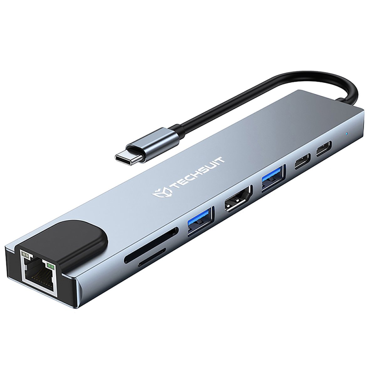 Hub Multiport, Type-C la 2x Type-C, 2x USB, HDMI, RJ45, TF/SD, 4K@30Hz, PD87W - Techsuit NetBridge 8 in 1 (H2) - Gray