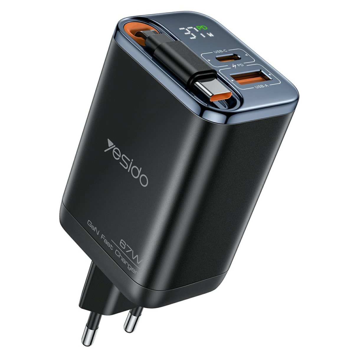 Incarcator Retea cu Cablu Retractabil, Display Digital, USB, Type-C, 67W, GaN, Fast Charging, 65cm - Yesido (YC100) - Black