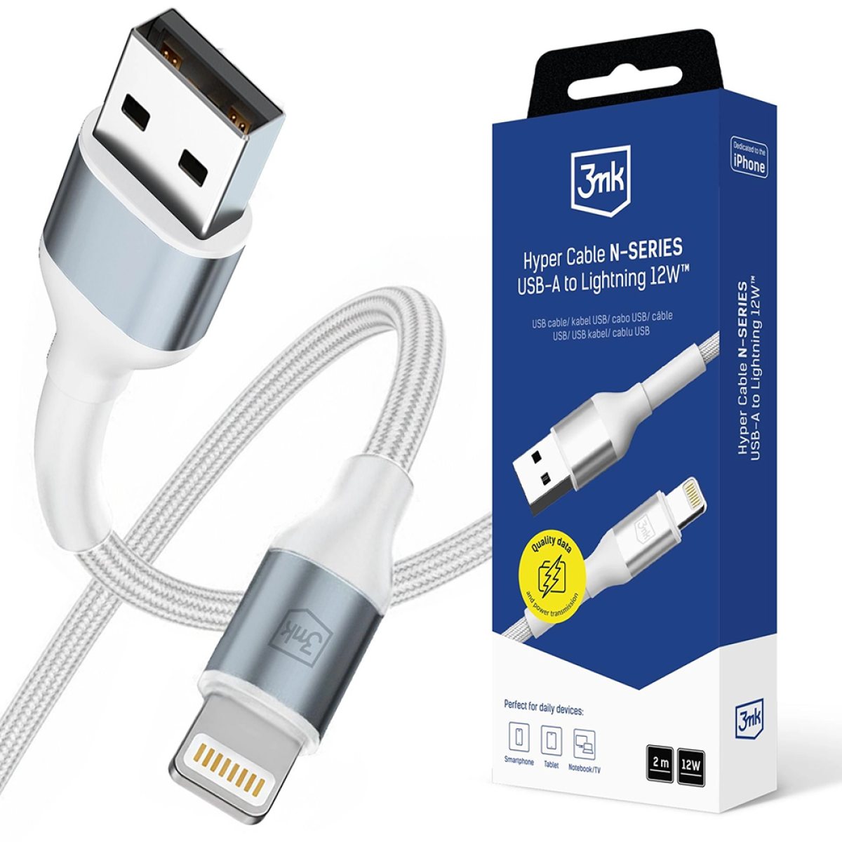 Cablu Alimentare, USB, iOS, 12W, 2m - 3mk Hyper N-Series - White