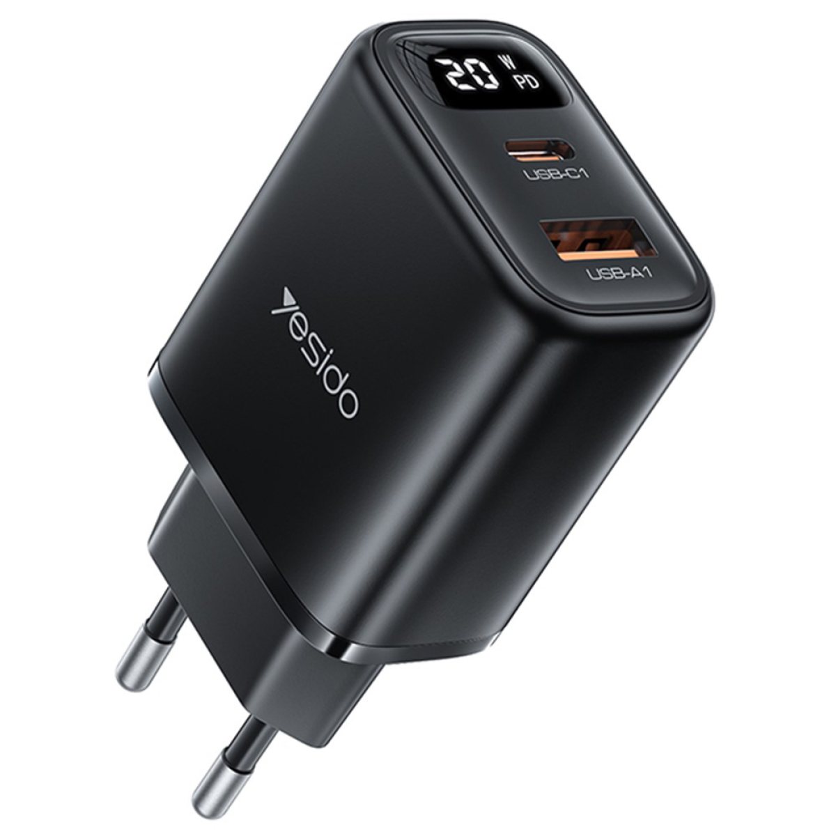 Incarcator Retea 2 in 1 cu Display Digital, USB, Type-C, 20W - Yesido (YC68) - Black