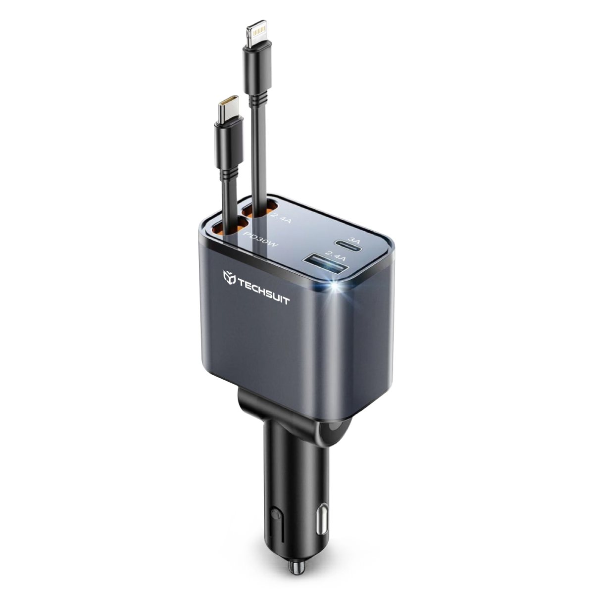 Incarcator pentru Masina USB, Type-C, Cabluri Retractabile USB-C, Lightning, 69W - Techsuit NanoVoltX (C1) - Gray