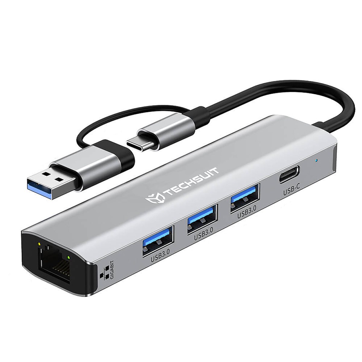 Hub Multiport, USB 3.0. USB-C la 3x USB, Type-C, Ethernet RJ45 1000Mbps - Techsuit BoostNetLink 5in2 (H3) - Gray